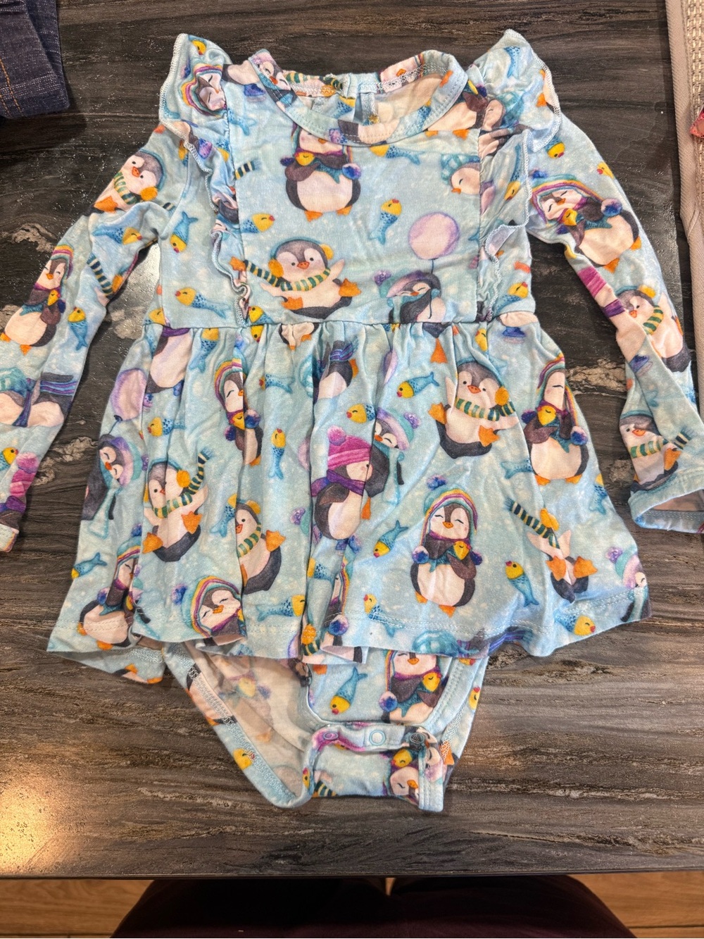 Blue Penguin Print Girls' Long-Sleeve skirt Dress